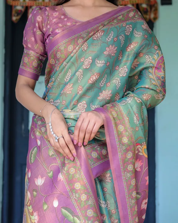 Aqua_Green_&_Lilac_Handloom_Cotton_Saree_with_Floral_Vine_Print_&_Majestic_Bird_Pallu