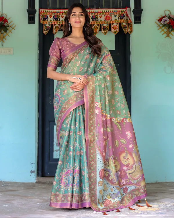 Aqua_Green_&_Lilac_Handloom_Cotton_Saree_with_Floral_Vine_Print_&_Majestic_Bird_Pallu