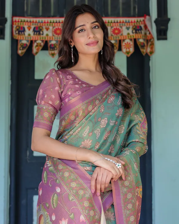 Aqua_Green_&_Lilac_Handloom_Cotton_Saree_with_Floral_Vine_Print_&_Majestic_Bird_Pallu