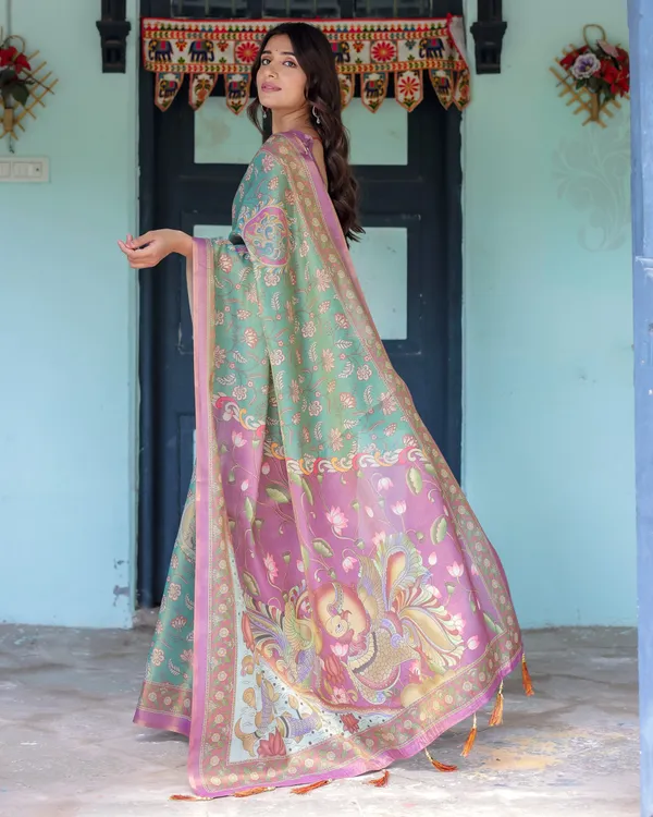Aqua_Green_&_Lilac_Handloom_Cotton_Saree_with_Floral_Vine_Print_&_Majestic_Bird_Pallu