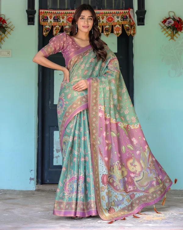 Aqua_Green_&_Lilac_Handloom_Cotton_Saree_with_Floral_Vine_Print_&_Majestic_Bird_Pallu