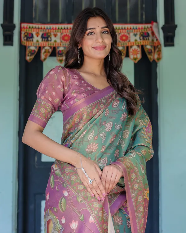 Aqua_Green_&_Lilac_Handloom_Cotton_Saree_with_Floral_Vine_Print_&_Majestic_Bird_Pallu