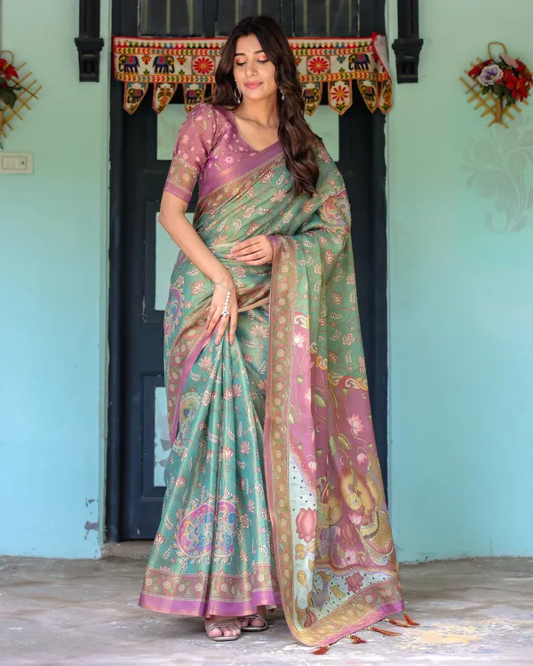 Aqua_Green_&_Lilac_Handloom_Cotton_Saree_with_Floral_Vine_Print_&_Majestic_Bird_Pallu
