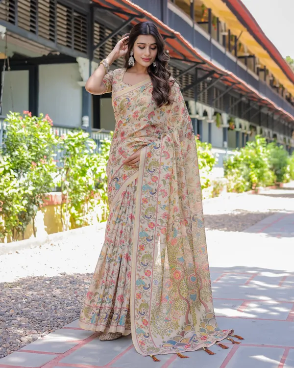 Ivory_Beige_Cotton_Handloom_Floral_Peacock_Print_Saree_For_Women