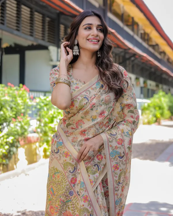 Ivory_Beige_Cotton_Handloom_Floral_Peacock_Print_Saree_For_Women