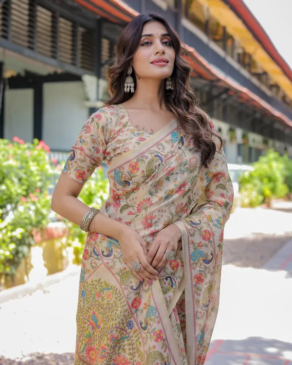 Ivory_Beige_Cotton_Handloom_Floral_Peacock_Print_Saree_For_Women