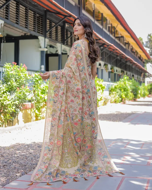 Ivory_Beige_Cotton_Handloom_Floral_Peacock_Print_Saree_For_Women