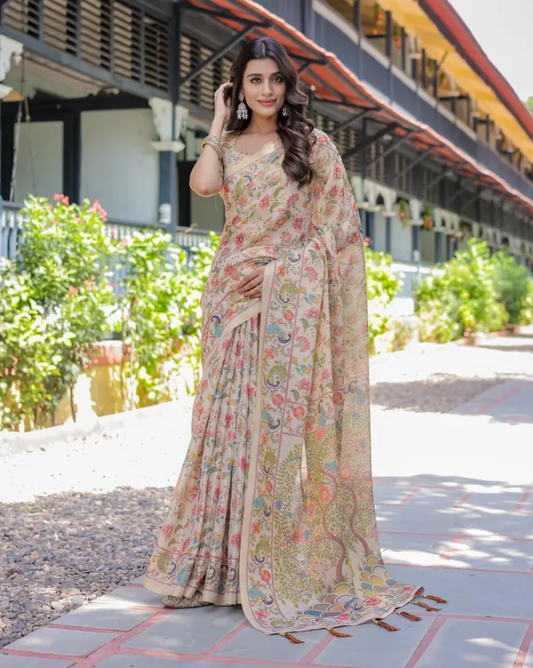 Ivory_Beige_Cotton_Handloom_Floral_Peacock_Print_Saree_For_Women
