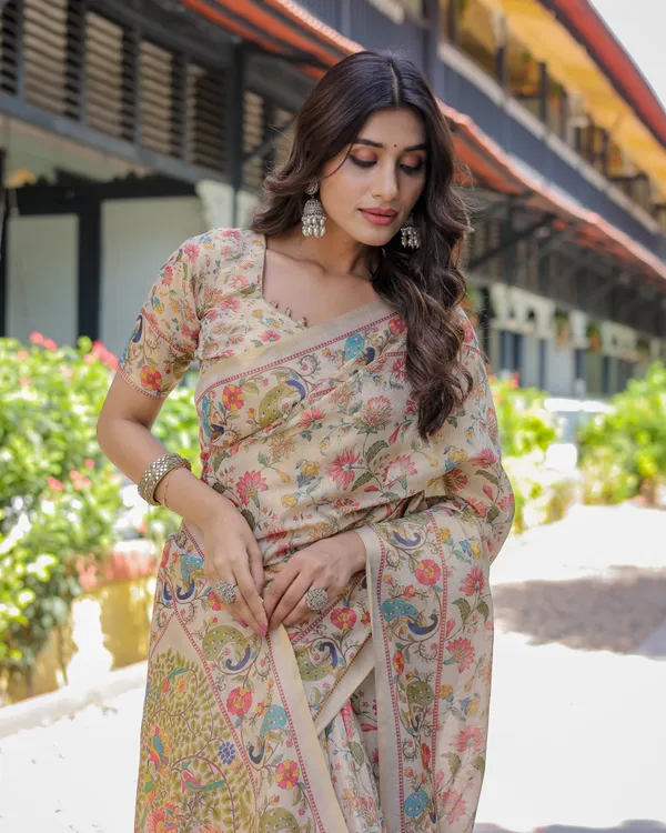 Ivory_Beige_Cotton_Handloom_Floral_Peacock_Print_Saree_For_Women