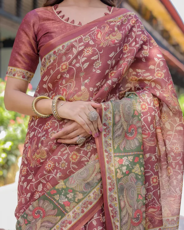 Maroon_Handloom_Cotton_Saree_with_Intricate_Peacock_&_Floral_Art_–_Contrast_Green_Pallu
