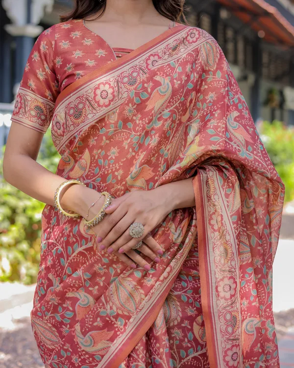 Rust_Red_Handloom_Cotton_Saree_with_Artistic_Peacock_&_Floral_Print_–_Contrast_Blouse_Included