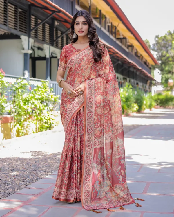 Rust_Red_Handloom_Cotton_Saree_with_Artistic_Peacock_&_Floral_Print_–_Contrast_Blouse_Included