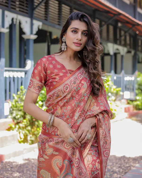 Rust_Red_Handloom_Cotton_Saree_with_Artistic_Peacock_&_Floral_Print_–_Contrast_Blouse_Included