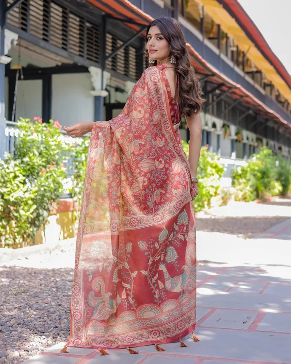 Rust_Red_Handloom_Cotton_Saree_with_Artistic_Peacock_&_Floral_Print_–_Contrast_Blouse_Included