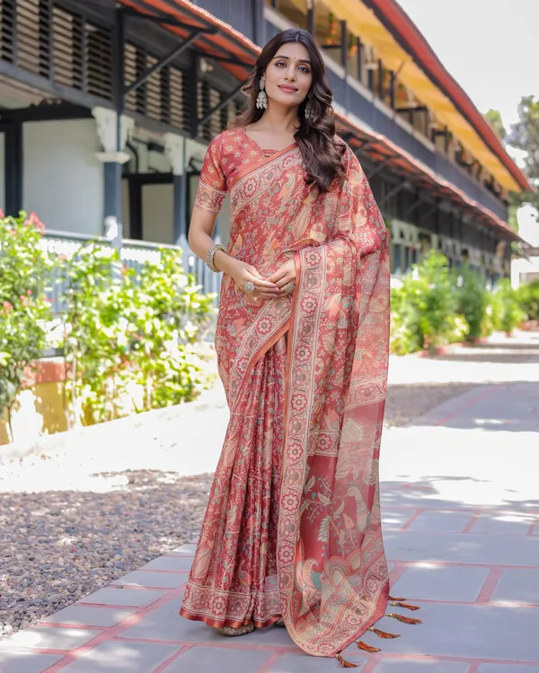 Rust_Red_Handloom_Cotton_Saree_with_Artistic_Peacock_&_Floral_Print_–_Contrast_Blouse_Included