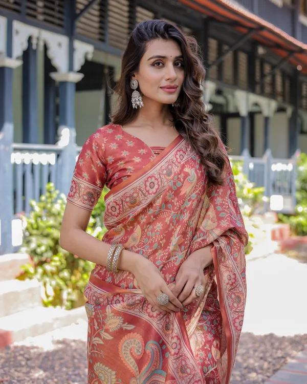 Rust_Red_Handloom_Cotton_Saree_with_Artistic_Peacock_&_Floral_Print_–_Contrast_Blouse_Included