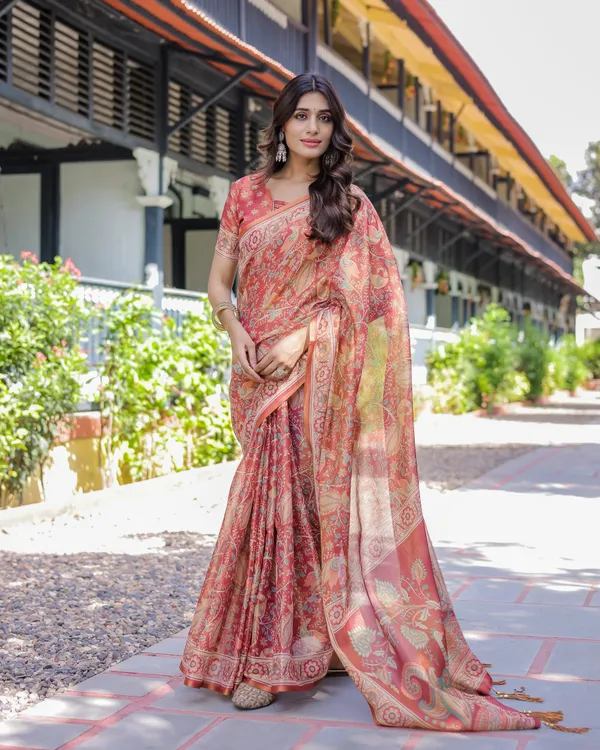 Rust_Red_Handloom_Cotton_Saree_with_Artistic_Peacock_&_Floral_Print_–_Contrast_Blouse_Included