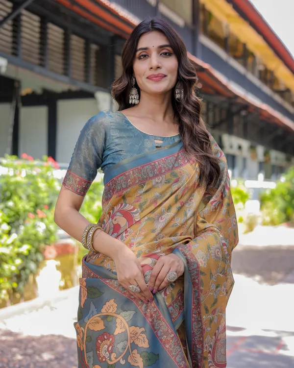 Yellow_Handloom_Cotton_Saree_with_Intricate_Peacock_&_Floral_Art_–_Contrast_Green_Pallu