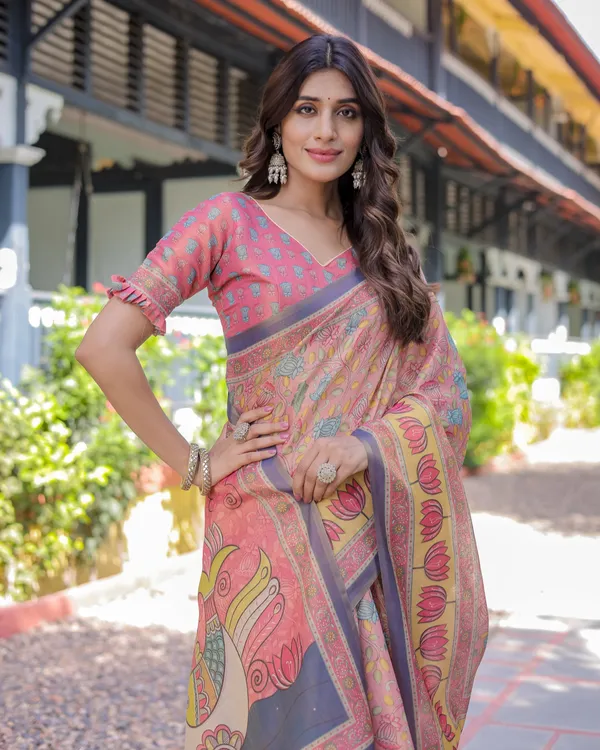 Peach_Pink_Handloom_Cotton_Saree_with_Lotus_&_Bird_Motifs_and_Navy_Border_Pallu