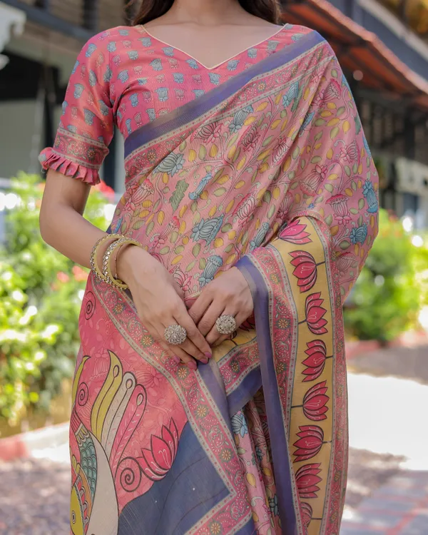 Peach_Pink_Handloom_Cotton_Saree_with_Lotus_&_Bird_Motifs_and_Navy_Border_Pallu