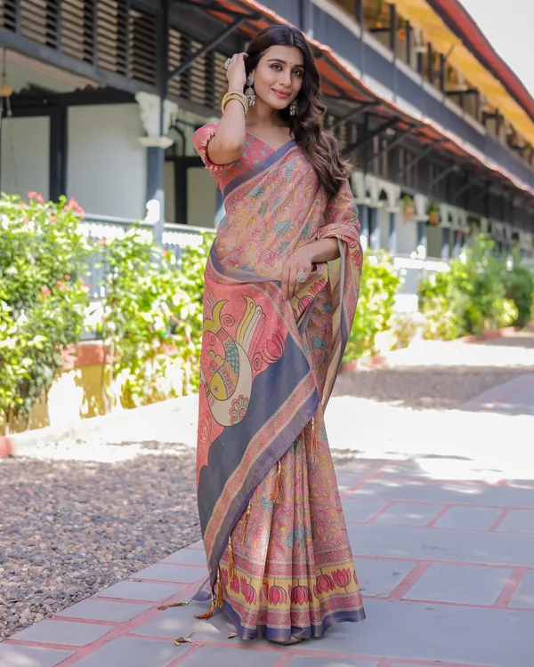 Peach_Pink_Handloom_Cotton_Saree_with_Lotus_&_Bird_Motifs_and_Navy_Border_Pallu