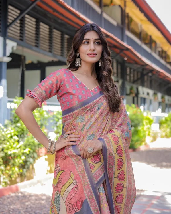 Peach_Pink_Handloom_Cotton_Saree_with_Lotus_&_Bird_Motifs_and_Navy_Border_Pallu