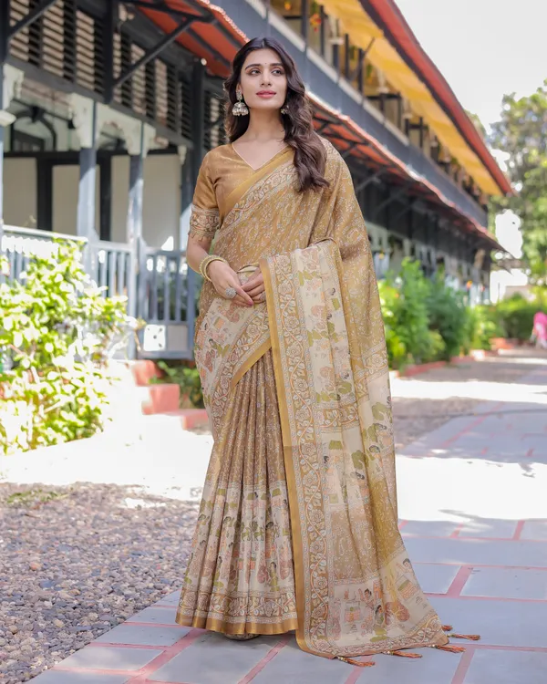 Mustard_Brown_Pure_Handloom_Cotton_Saree_with_Village_Life_Digital_Print_&_Contrast_Pallu