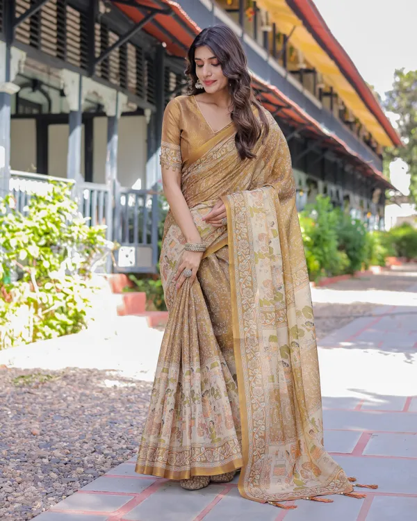 Mustard_Brown_Pure_Handloom_Cotton_Saree_with_Village_Life_Digital_Print_&_Contrast_Pallu