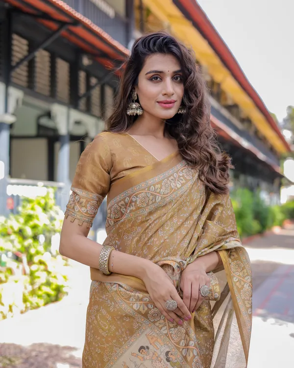 Mustard_Brown_Pure_Handloom_Cotton_Saree_with_Village_Life_Digital_Print_&_Contrast_Pallu