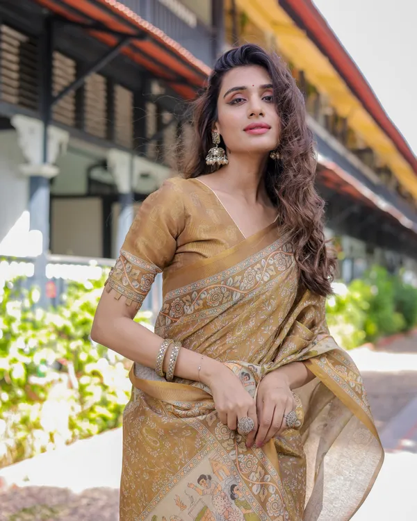 Mustard_Brown_Pure_Handloom_Cotton_Saree_with_Village_Life_Digital_Print_&_Contrast_Pallu