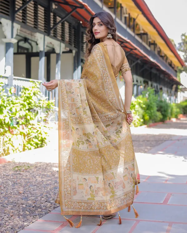 Mustard_Brown_Pure_Handloom_Cotton_Saree_with_Village_Life_Digital_Print_&_Contrast_Pallu