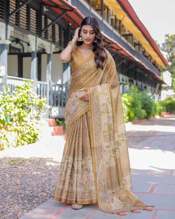 Mustard_Brown_Pure_Handloom_Cotton_Saree_with_Village_Life_Digital_Print_&_Contrast_Pallu