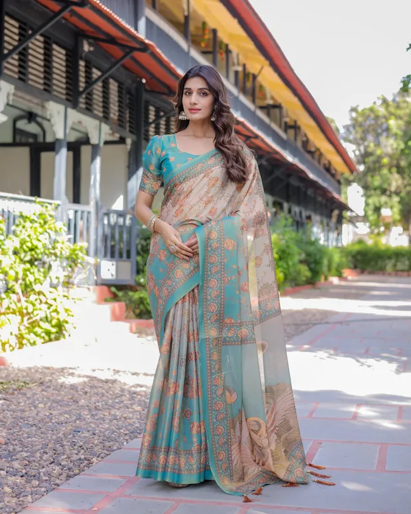 Teal_Beige_Handloom_Cotton_Saree_with_Swan_Motif_Pallu_&_Floral_Digital_Print