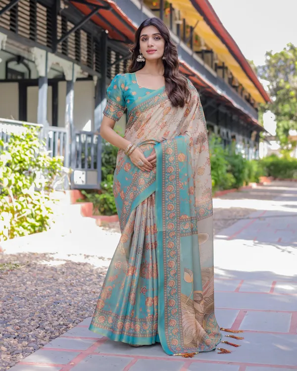 Teal_Beige_Handloom_Cotton_Saree_with_Swan_Motif_Pallu_&_Floral_Digital_Print