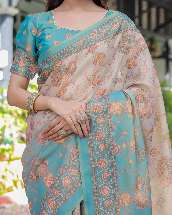 Teal_Beige_Handloom_Cotton_Saree_with_Swan_Motif_Pallu_&_Floral_Digital_Print