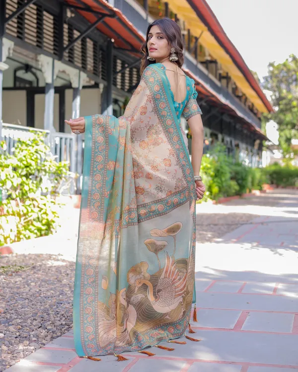 Teal_Beige_Handloom_Cotton_Saree_with_Swan_Motif_Pallu_&_Floral_Digital_Print
