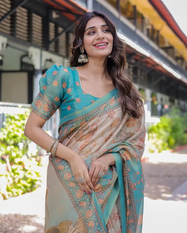 Teal_Beige_Handloom_Cotton_Saree_with_Swan_Motif_Pallu_&_Floral_Digital_Print