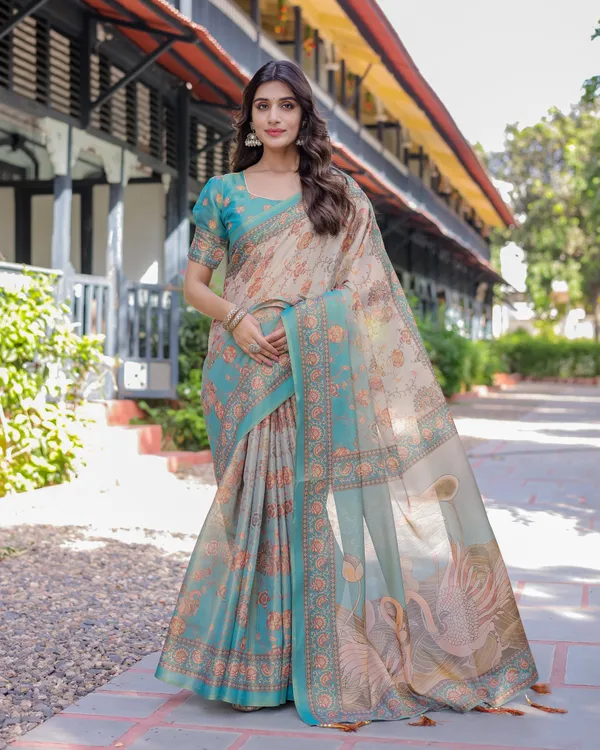 Teal_Beige_Handloom_Cotton_Saree_with_Swan_Motif_Pallu_&_Floral_Digital_Print