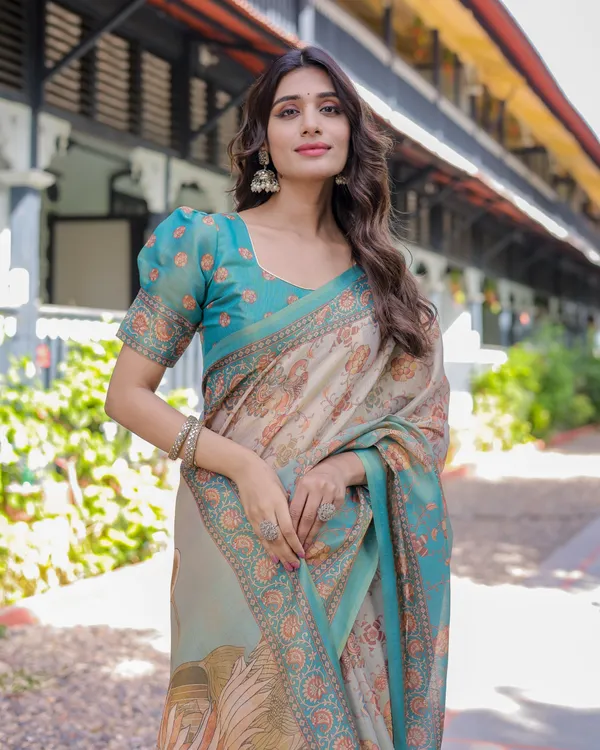 Teal_Beige_Handloom_Cotton_Saree_with_Swan_Motif_Pallu_&_Floral_Digital_Print