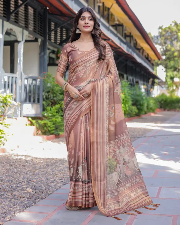 Divine_Brown_Handloom_Cotton_Saree_with_Radha_Krishna_&_Cow_Motif_–_Ethnic_Village_Charm