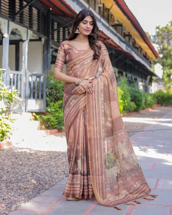 Divine_Brown_Handloom_Cotton_Saree_with_Radha_Krishna_&_Cow_Motif_–_Ethnic_Village_Charm