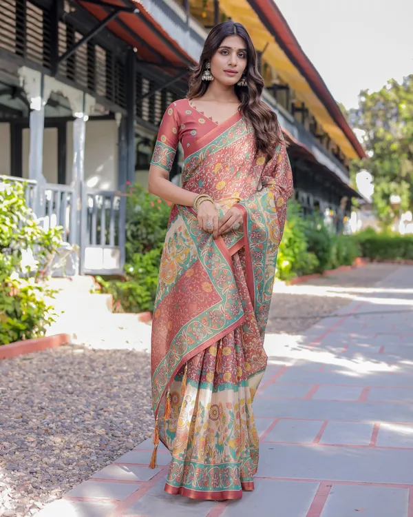 Rust_Maroon_Handloom_Cotton_Saree_with_Folk_Procession_Pallu_&_Floral_Vine_Print