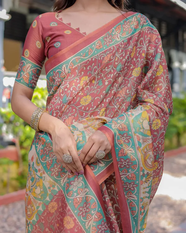 Rust_Maroon_Handloom_Cotton_Saree_with_Folk_Procession_Pallu_&_Floral_Vine_Print