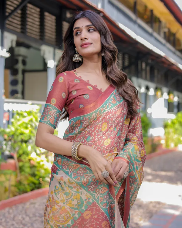 Rust_Maroon_Handloom_Cotton_Saree_with_Folk_Procession_Pallu_&_Floral_Vine_Print