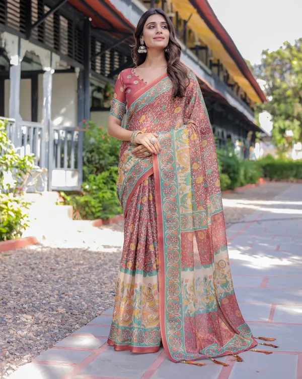 Rust_Maroon_Handloom_Cotton_Saree_with_Folk_Procession_Pallu_&_Floral_Vine_Print