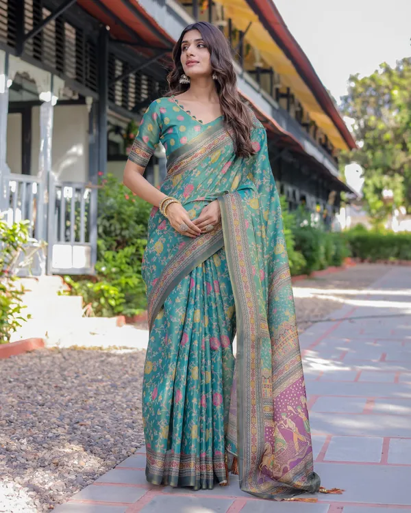 Sea_Green_Handloom_Cotton_Saree_with_Multicolor_Floral_&_Royal_Procession_Pallu