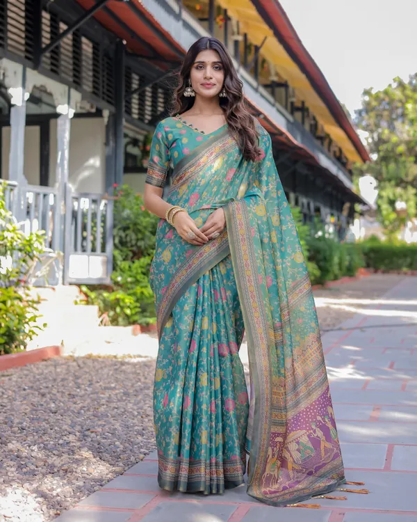 Sea_Green_Handloom_Cotton_Saree_with_Multicolor_Floral_&_Royal_Procession_Pallu