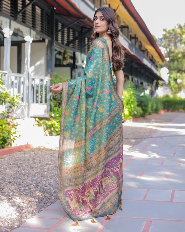 Sea_Green_Handloom_Cotton_Saree_with_Multicolor_Floral_&_Royal_Procession_Pallu