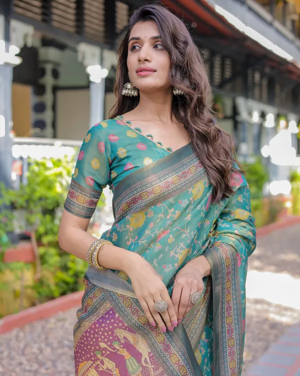 Sea_Green_Handloom_Cotton_Saree_with_Multicolor_Floral_&_Royal_Procession_Pallu