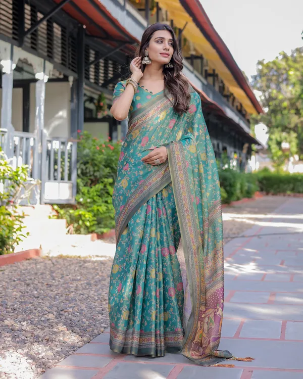 Sea_Green_Handloom_Cotton_Saree_with_Multicolor_Floral_&_Royal_Procession_Pallu